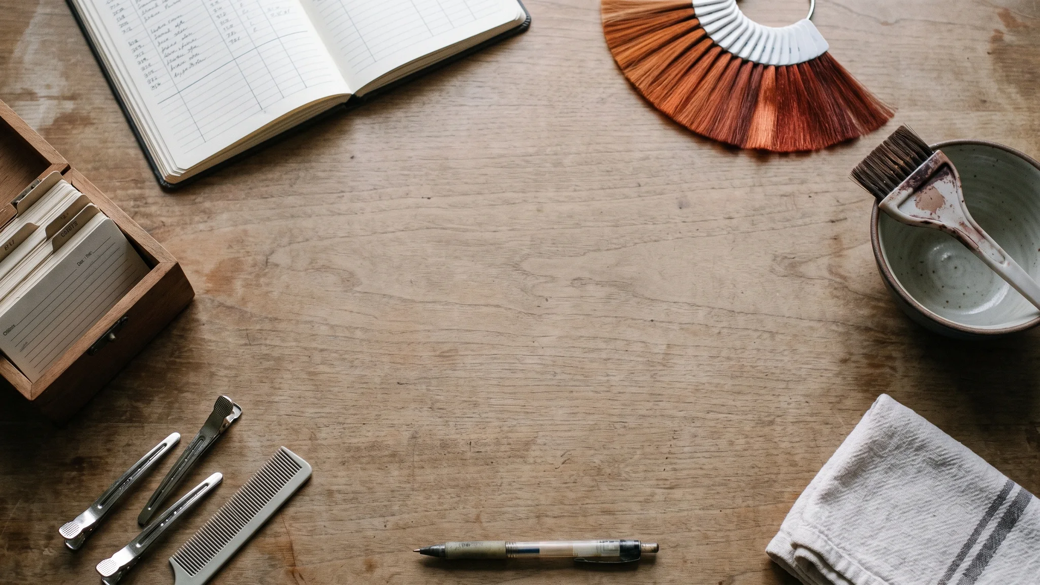 A colour formula notebook open on a wooden table, beside a ring of hair colour swatches, a tint brush and bowl, a box of client cards, sectioning clips, a tail comb and a folded towel.